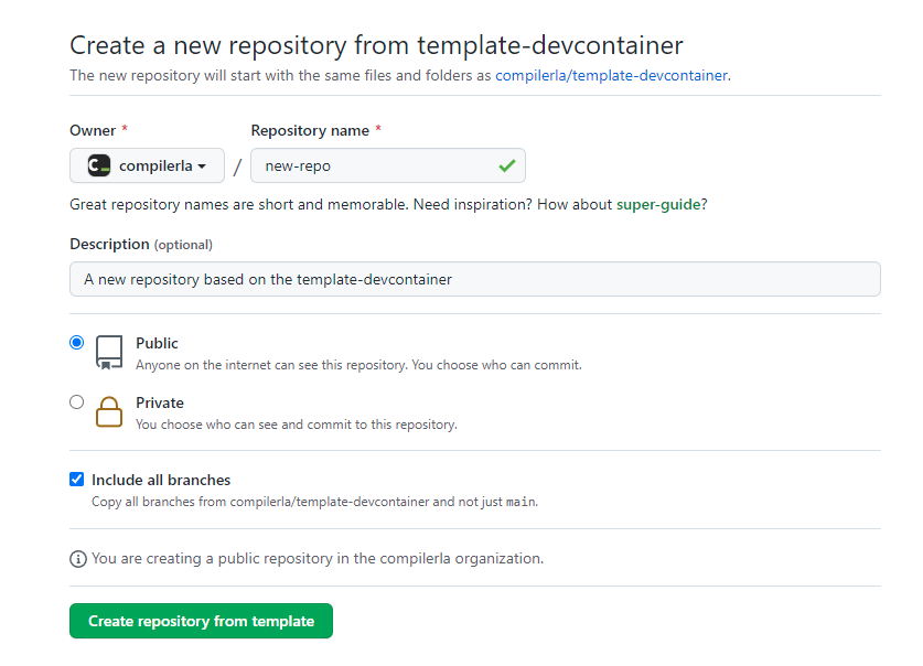 Screenshot of creating a new repository from the template on GitHub